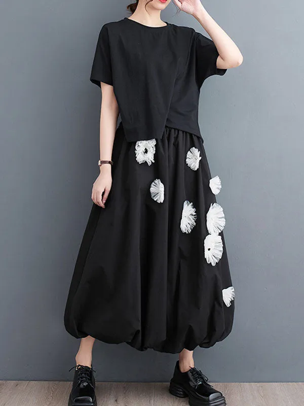 xakxx Loose Flower-Embellished Elastics Solid Color Skirts Bottoms